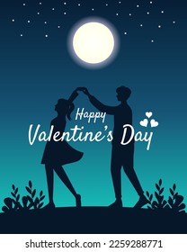 Flat illustration of couple dancing under the moonlight, celebrate Valentine's Day