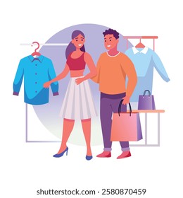 A flat illustration of a couple doing clothes shopping 
