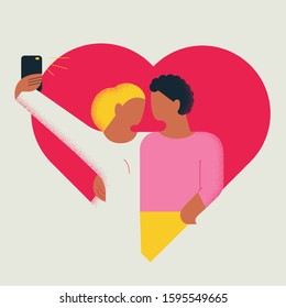 Flat illustration. Couple hugging and do selfie on smartphone on red heart background. Isolated. Minimalistic design.
