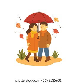 Flat Illustration of a Couple Hugging Together Under a Large Umbrella