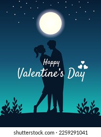 Flat illustration of couple hugging under the moonlight