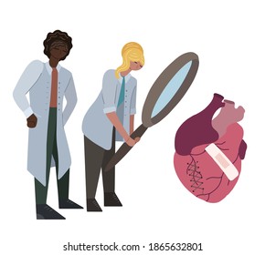 Flat illustration of a couple of international doctors studying the ill heart through magnifying glass. Scientists are studying the heart disease. Vector illustration for card, banner and your design