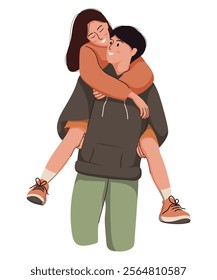 Flat illustration couple isolated on white background. People giving and sharing love in valentine day. Concept of valentine day, assistance, care. Men and women hug, carry, kiss.