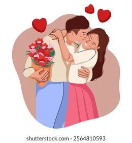 Flat illustration couple isolated on white background. People giving and sharing love in valentine day. Concept of valentine day, assistance, care. Men and women hug, carry, kiss.