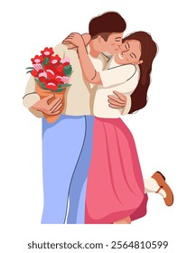 Flat illustration couple isolated on white background. People giving and sharing love in valentine day. Concept of valentine day, assistance, care. Men and women hug, carry, kiss.