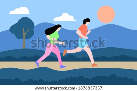 Flat illustration of a couple jogging at park 