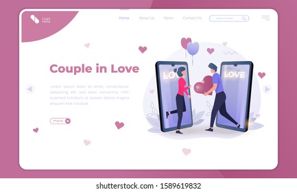 Flat illustration of couple in love, men meet women from a dating application