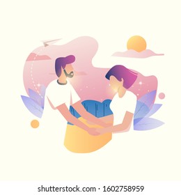 Flat illustration of the couple meets and falls in love for Valentine's day greeting