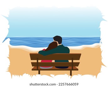 flat illustration of a couple sitting on a bench,. romantic moment