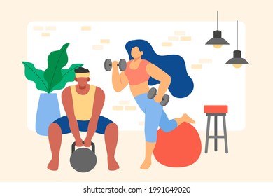 Ilustración plana de una pareja trabajando fuera de casa. Hombre y mujer haciendo ejercicio con equipo deportivo en casa