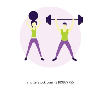 Ilustración plana de una pareja trabajando fuera de casa. Hombre y mujer haciendo ejercicio con equipo deportivo en casa