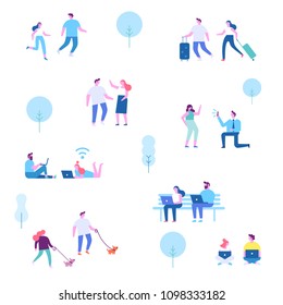 Flat illustration of couples walking outdoors in the park. People background characters. Flat vector illustration.	