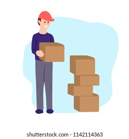 Flat illustration of courier delivering a parcel for poster, banner, logo, icon of courier delivery or express delivery or job hunting service. Smiling male character with a box in his hands