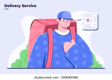 Flat illustration Courier Delivering Parcel To Buyer or Customer with Bring Heavy Courier bag, Delivery Service worker, Courier bring packages to send to customers home, Courier Looking GPS Maps.