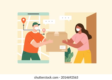 Flat illustration of courier from mobile phone screen handing parcel to a female customer at home. Both wearing face masks.