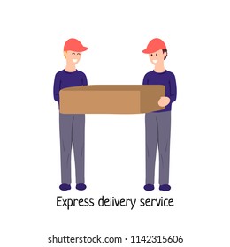 Flat illustration of couriers delivering a parcel for poster, banner, logo, icon of courier delivery or express delivery or job hunting service. Smiling male characters with a box in their hands