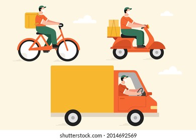 Flat illustration of couriers with face mask riding bicycle, scooter, and driving delivery truck. Different vehicle elements isolated on beige background.