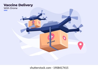 Flat illustration of Covid-19 Vaccine Delivery with modern drone technology, Coronavirus vaccine distribution around world with drone, Vaccine distribution with Physical distancing, Stay Safe.