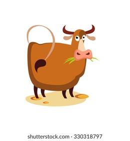 Flat illustration of a cow chewing grass. Cartoon vector illustration