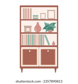 Flat illustration of a cozy bookcase with books,  plants and box. Vector .