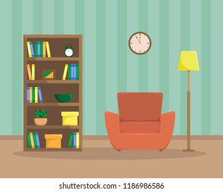 Flat illustration of cozy reading room
 with an armchair, bookcase and floor lamp. Flat style vector.