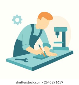 Flat Illustration Craftsman Working on Wood with Drill Machine at Workshop