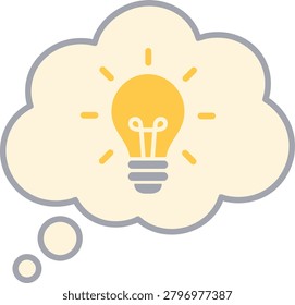Flat illustration of a cream cloud shaped thought bubble containing a yellow light bulb and small trailing circles