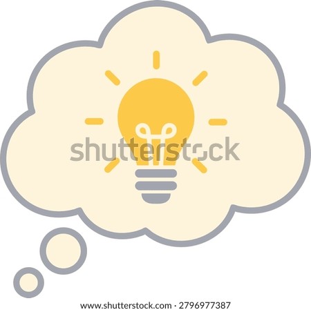 Flat illustration of a cream cloud shaped thought bubble containing a yellow light bulb and small trailing circles