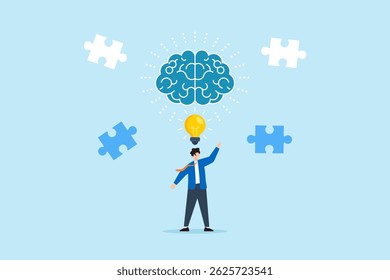 Flat illustration of creative businessman pointing at glowing lightbulb with puzzle pieces and brain symbolizing problem solving and critical thinking