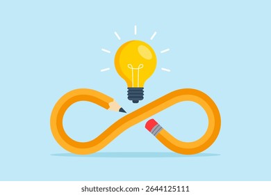 Flat illustration of creative pencil forming infinity loop around glowing light bulb symbolizing endless imagination and innovative idea generation