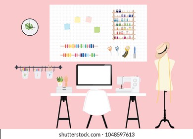 Flat illustration of creative workplace with sewing and painter artist tools including sewing machine and fashion mannequin. Vector of Interior design for DIY work space studio.