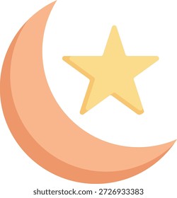Ilustración plana de la luna creciente y el símbolo de la estrella que representa el Islam, el Ramadán y los temas espirituales de la noche.