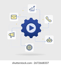 Ilustración plana del flujo de trabajo de automatización de CRM con engranajes, Botón de juego, megáfono, correo electrónico, gráfico, teléfono, robot de IA y globo terráqueo. Perfecto para proyectos de flujo de trabajo y marketing.