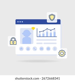 Flat illustration of CRM data security and privacy with shield, lock, gear, and customer profile dashboard. Suitable for secure business, finance, and technology projects.