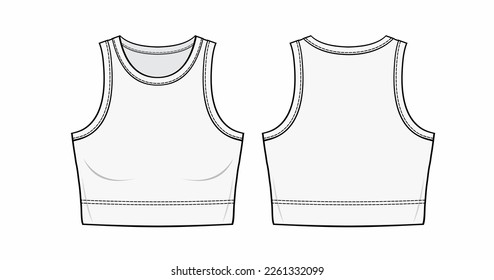 Flat illustration of cropped tank top with a Round neckline-Unlined- Slim fit- Slip-on style- Sleeveless women's top, Front, and back fashion flat sketch. CAD mockup Technical drawing,  artwork