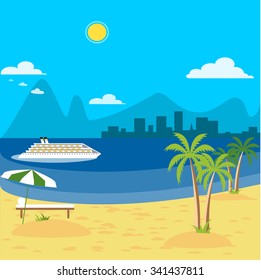 Flat illustration. Cruise ship arriving to the bay of the city, surrounded by mountains that passengers would be enjoying the beach and a stroll through the city.