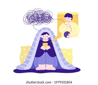 Flat illustration of a crying teenager sitting in bed and texting on phone with his friend. Concept of online mind health consultation or family support.