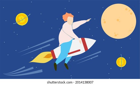 Flat illustration cryptocurrency. Bitcoin going to the moon. FOMO. Pump and dump. HODL. Blockchain vector illustration. Business. Perfect for web design, banner, social media, brochure, presentation.