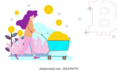 Flat illustration cryptocurrency. Bitcoin going to the moon. FOMO. Pump and dump. HODL. Blockchain vector illustration. Business. Perfect for web design, banner, social media, brochure, presentation.