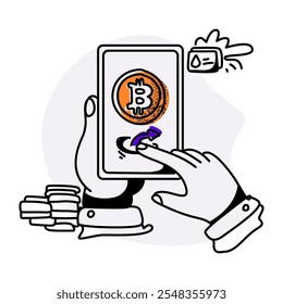 Ilustración plana de un concepto de transacción de criptomoneda. Presenta una mano que sostiene un teléfono inteligente con un icono de bitcoin en la pantalla, mientras que otra mano coloca una moneda de bitcoin