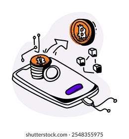 Ilustración plana de un concepto de transacción de criptomoneda. Presenta una mano que sostiene un teléfono inteligente con un icono de bitcoin en la pantalla, mientras que otra mano coloca una moneda de bitcoin