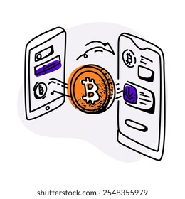 Ilustración plana de un concepto de transacción de criptomoneda. Presenta una mano que sostiene un teléfono inteligente con un icono de bitcoin en la pantalla, mientras que otra mano coloca una moneda de bitcoin