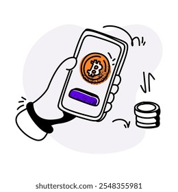 Ilustración plana de un concepto de transacción de criptomoneda. Presenta una mano que sostiene un teléfono inteligente con un icono de bitcoin en la pantalla, mientras que otra mano coloca una moneda de bitcoin
