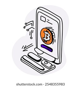 Ilustración plana de un concepto de transacción de criptomoneda. Presenta una mano que sostiene un teléfono inteligente con un icono de bitcoin en la pantalla, mientras que otra mano coloca una moneda de bitcoin