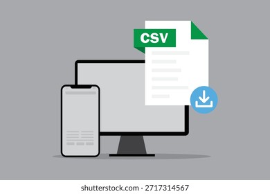  Ilustración plana de la Descarga de archivos CSV que se muestra en el monitor de la computadora y el teléfono inteligente.
