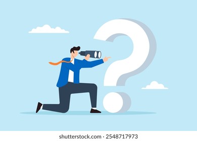 Flat illustration of curious businessman with large question mark peer through binocular searching for new business ideas