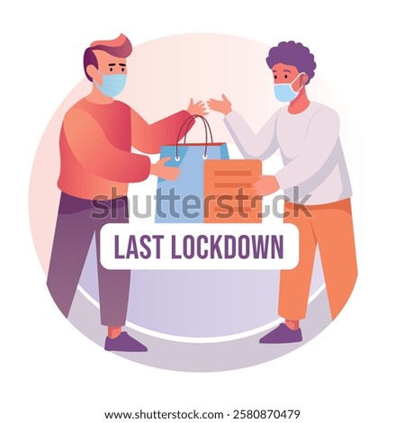 A flat illustration of a customer bargaining with shopkeeper with last lockdown typography 
