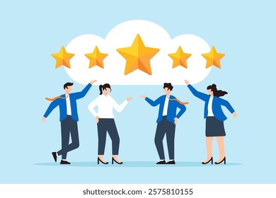 Flat illustration of customer give 5 star rating symbolizing feedback for best quality and satisfaction
