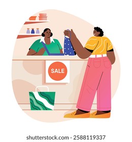 A flat illustration of customer standing at checkout counter 