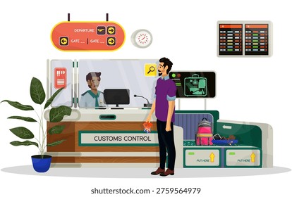 Flat illustration of customs and immigration control with man in an airport on a white background.